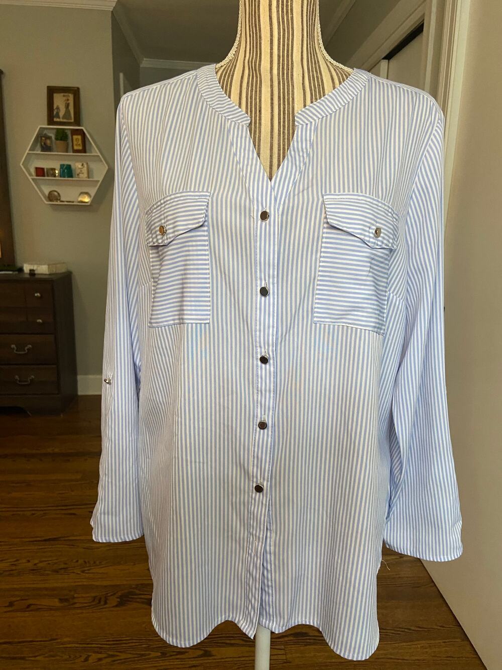 Notations blue/white stripe v neck button front blouse with roll tab sleeves
